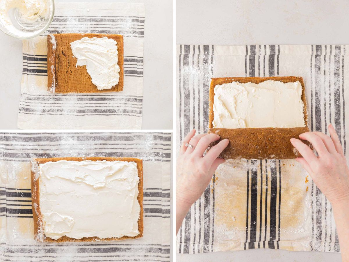 Spreading icing on the cake and rolling it.