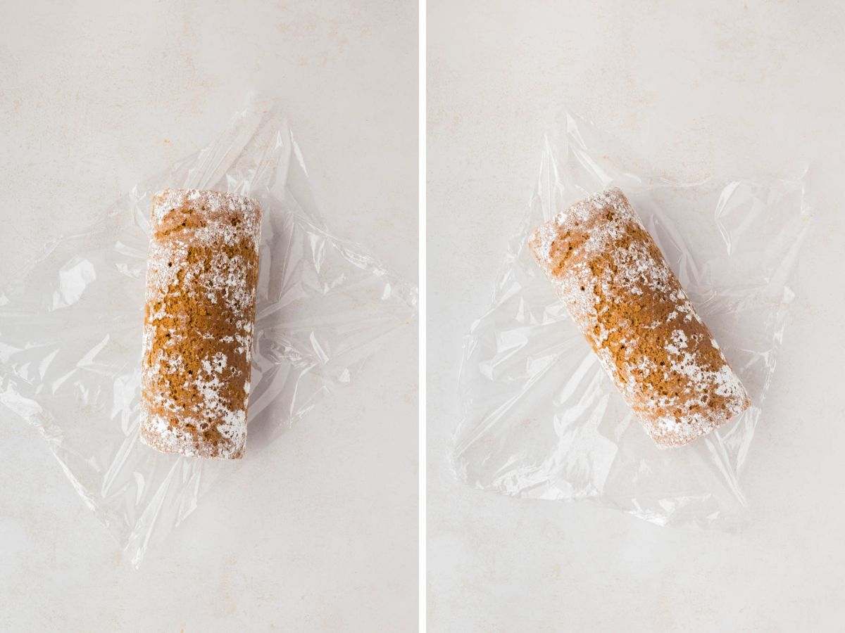 Wrapped pumpkin roll cake in plastic wrap.