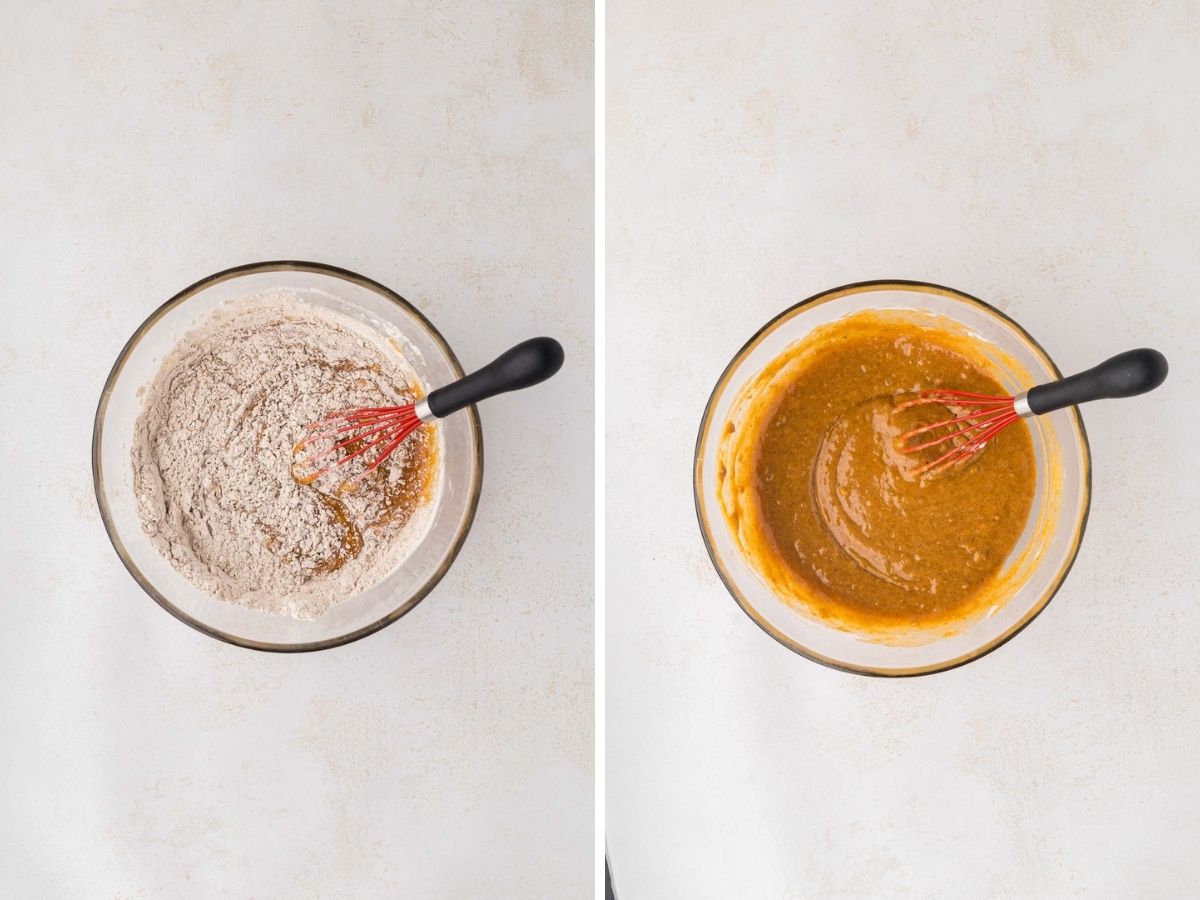 Dry ingredients stirred into wet ingredients.