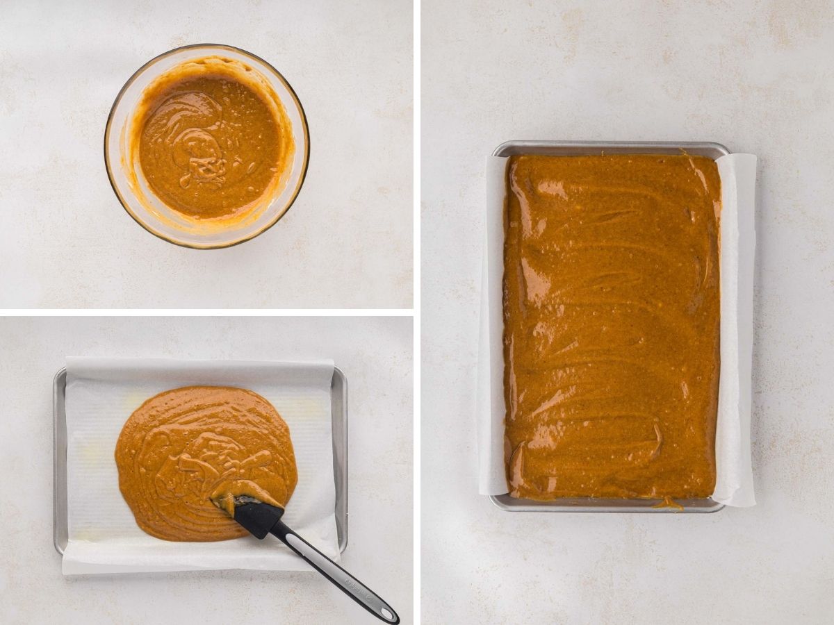 Pumpkin Roll cake batter poured into jelly roll pan.