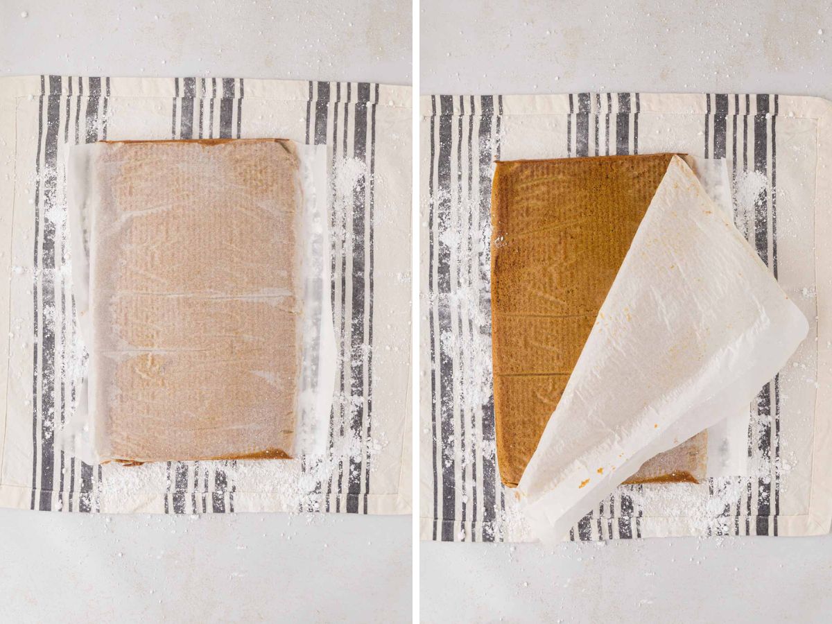 The pumpkin roll cake flipped onto tea towel.