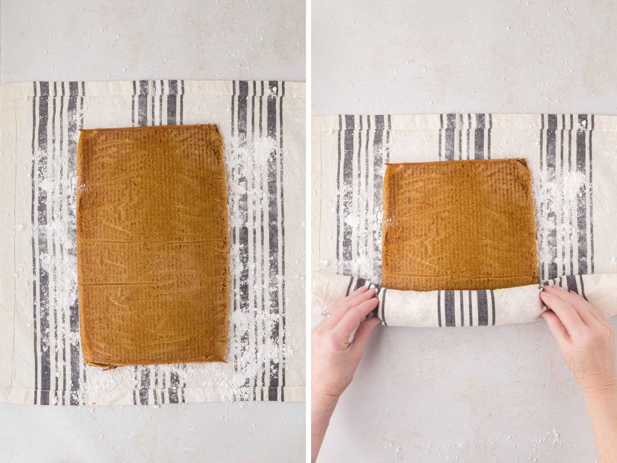 Rolling the pumpkin cake with the tea towel.