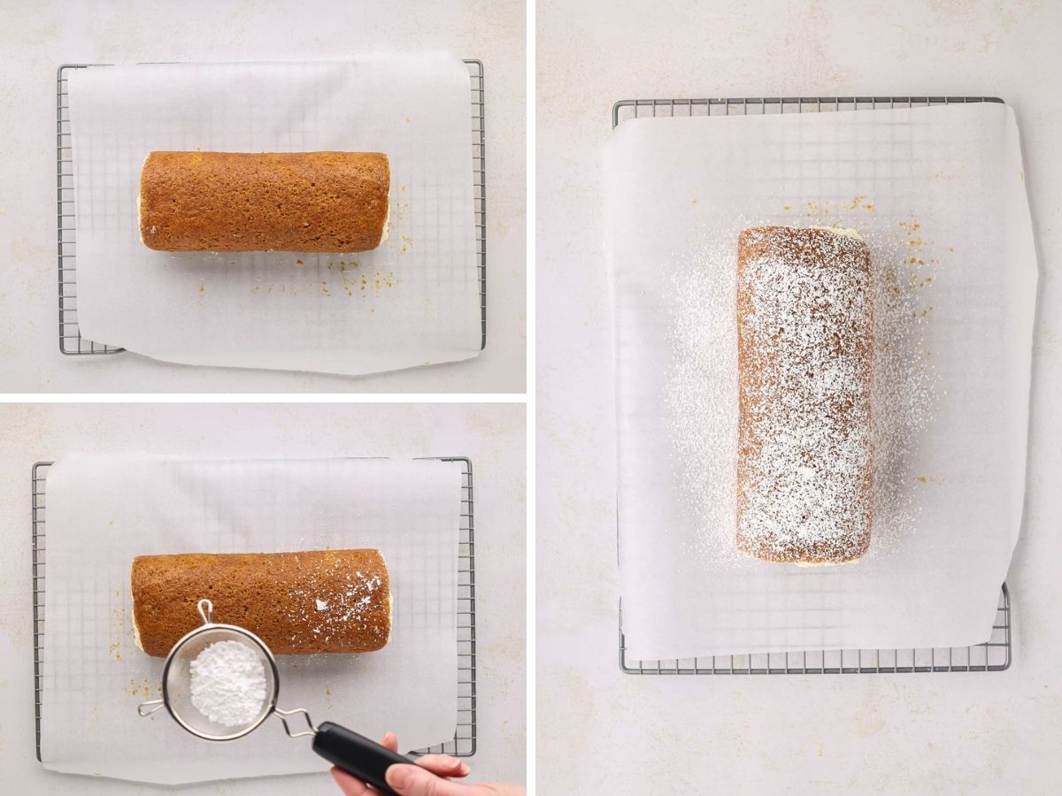 Dusting a pumpkin roll with powdered sugar.