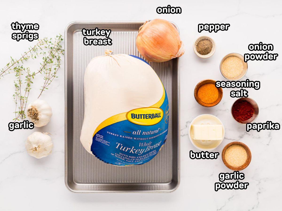 A labeled image of ingredients needed to make slow cooker, turkey breast.