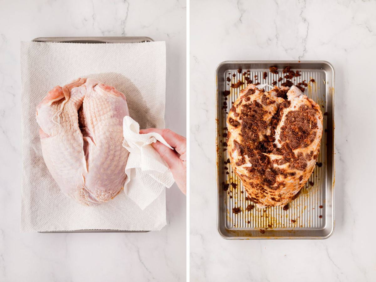 Side-by-side image of padding, the turkey breast dry with paper towels, and then seasoning butter rub added to the turkey on a tray.