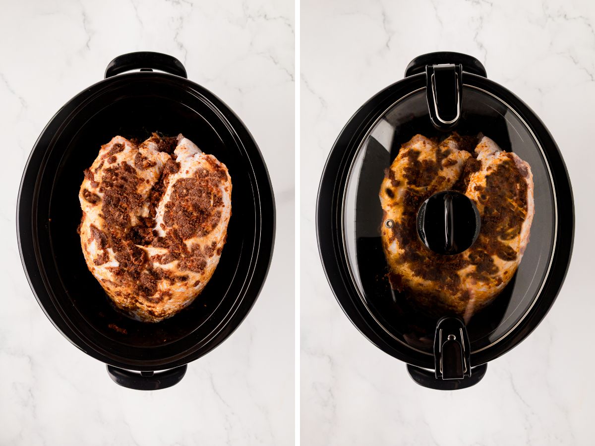 A side-by-side image of turkey breast covered and rub placed in the slow cooker and then they'll add it to the slow cooker.