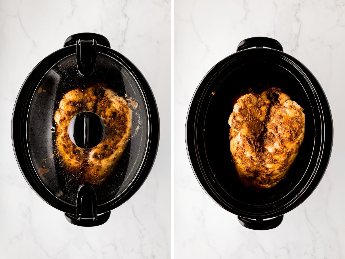 A side-by-side image of the turkey breast after being cooked one with the lid on and one with the lid off.