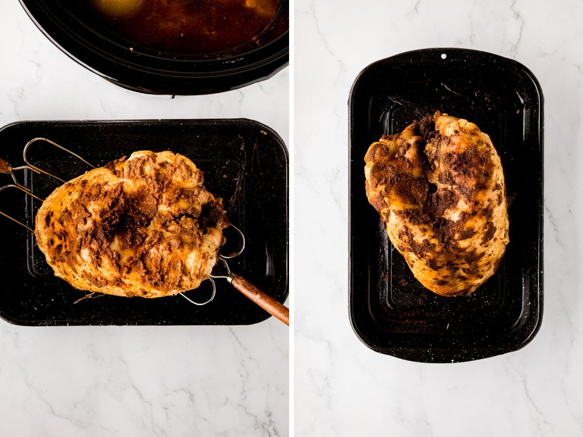 A side-by-side image of turkey breast removed and placed on a broiling sheet and after it was boiled to crisp the skin.