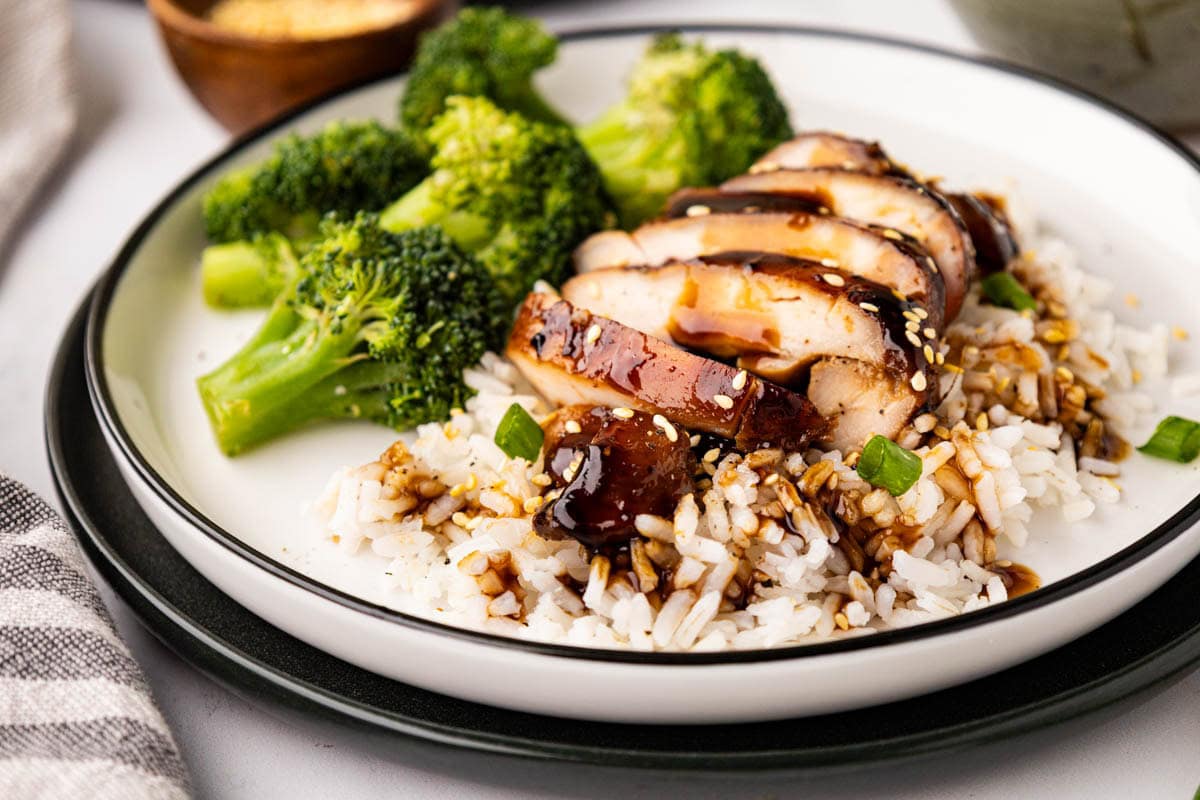 Teriyaki chicken with rice and broccoli.