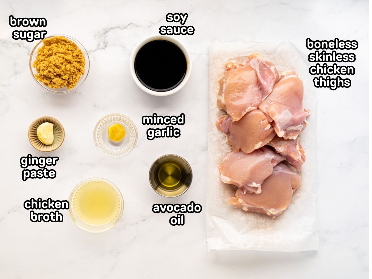 A labeled image of ingredients needed to make chicken teriyaki.
