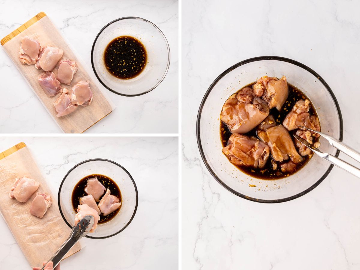 Image of adding chicken thighs to marinade.
