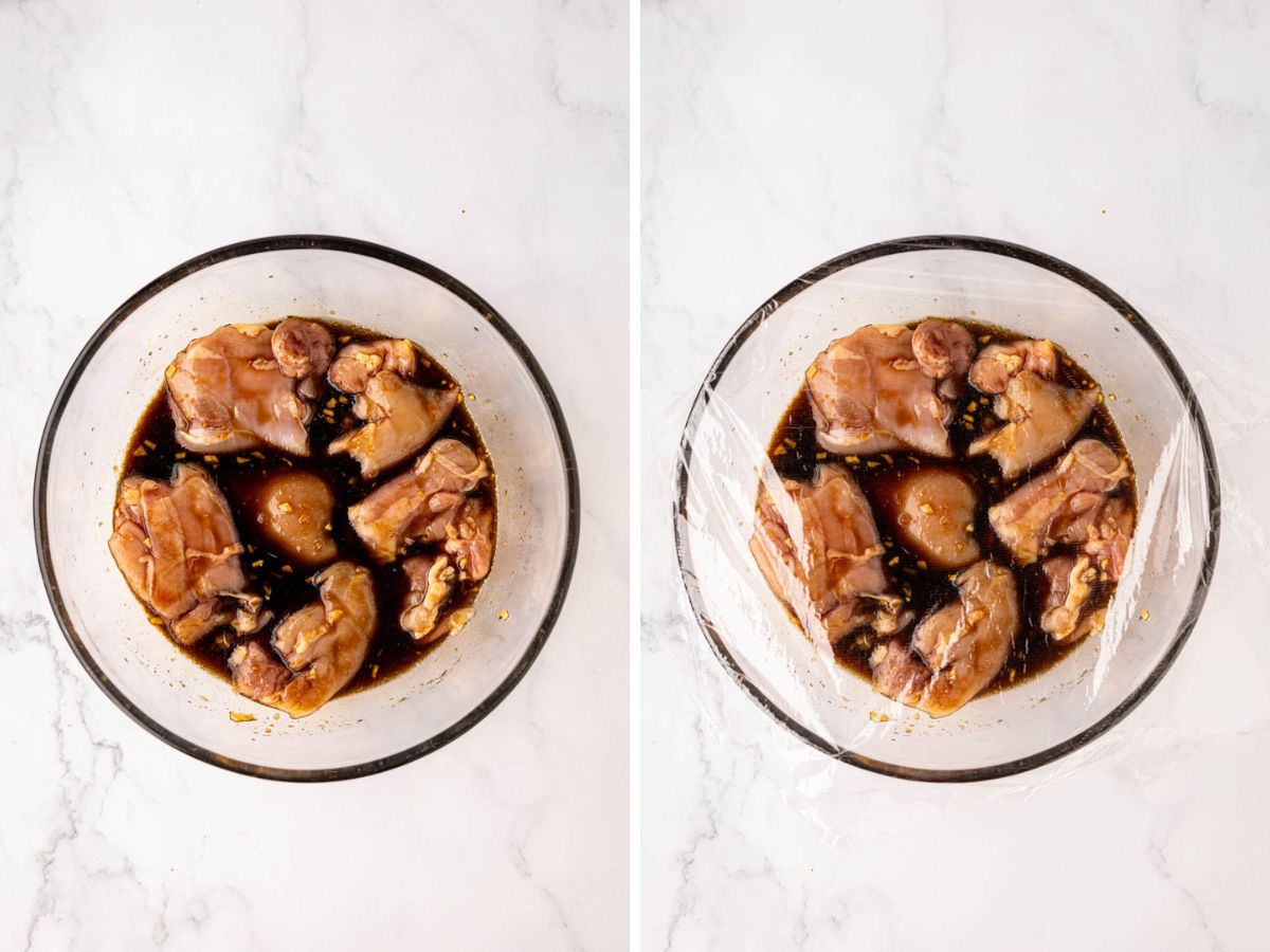 A side-by-side image of chicken thighs and teriyaki marinade and then covered with plastic wrap.