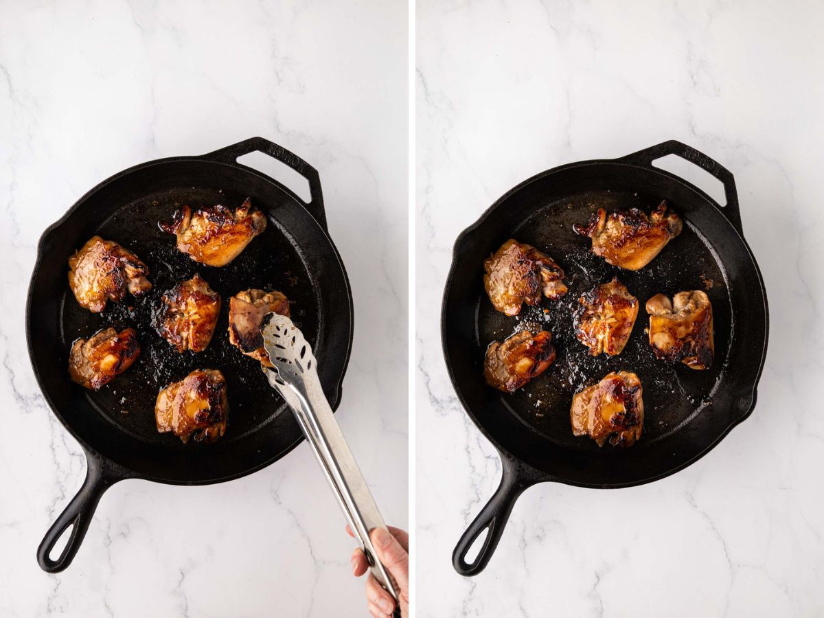 Tongs being used to turn over the chicken in the skillet.