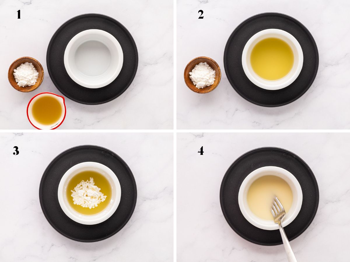 A collage image showing how to make a cornstarch slurry.