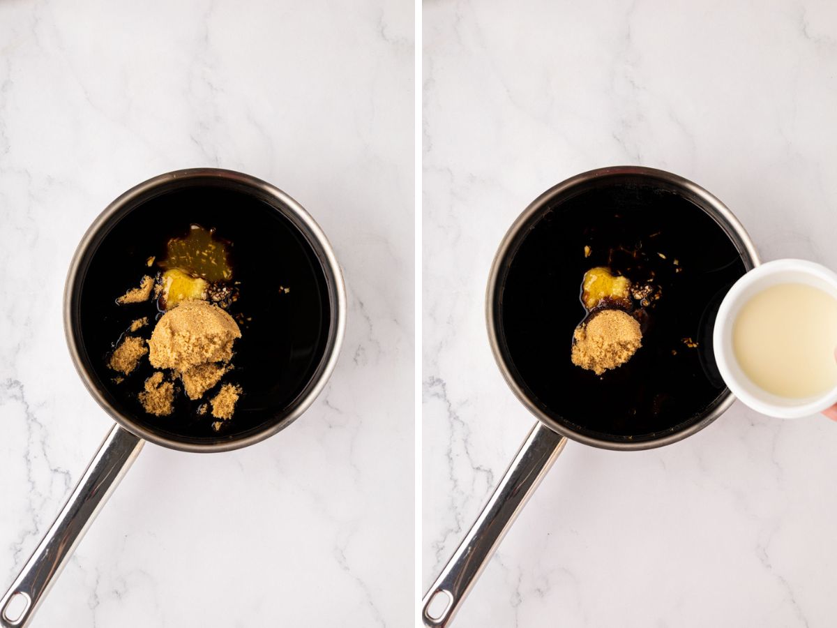 Adding ingredients to the saucepan for the teriyaki sauce.