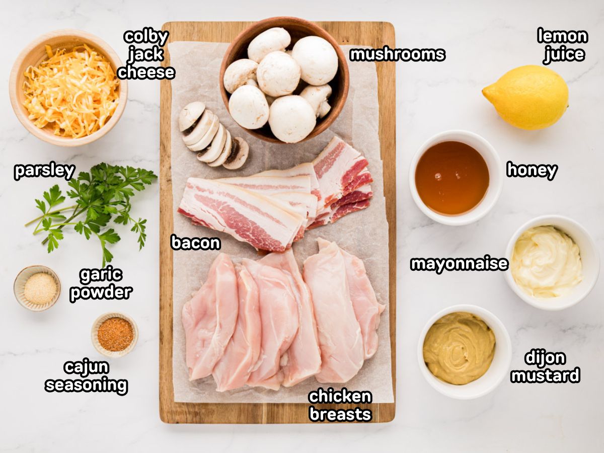 A labeled image of ingredients needed to make outback copycat Alice Springs chicken.