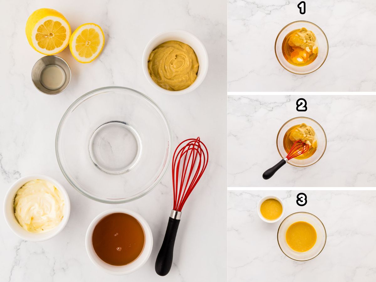 A collage image showing ingredients for honey, mustard sauce, and them in a bowl and with together to combine.