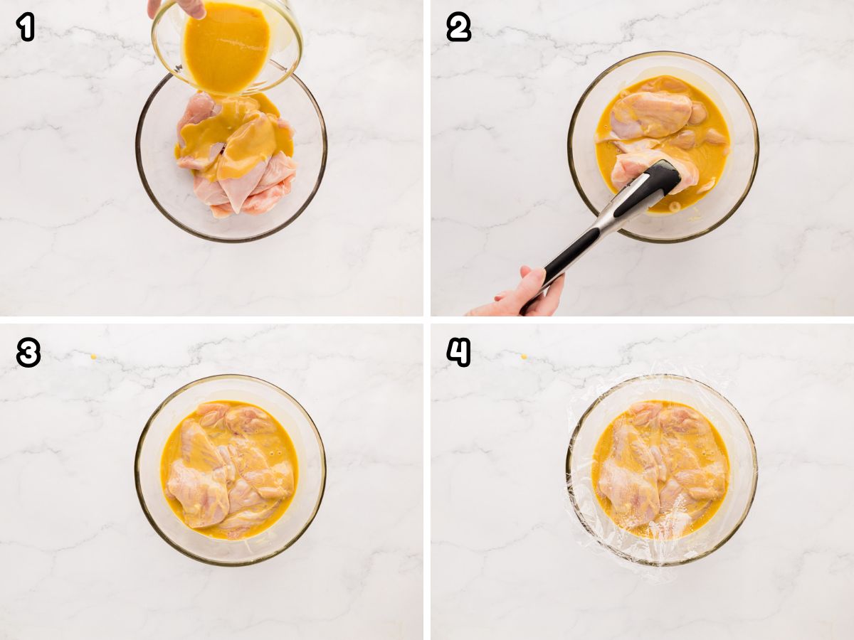 A collage image showing pouring the honey mustard sauce over the chicken, tossing to combine and covered to go in the fridge.