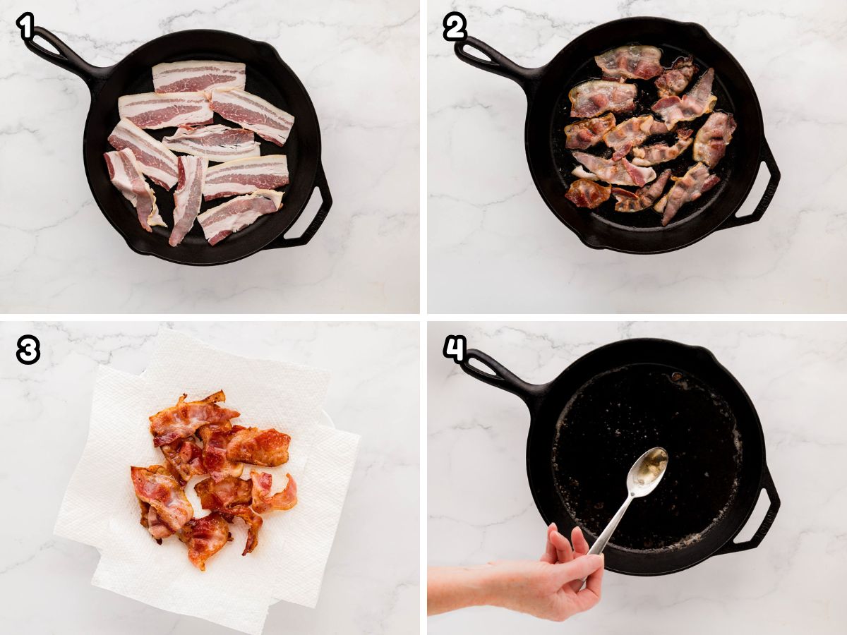 A collage image showing bacon being cooked, then removed to paper towels to drain and excess bacon grease removed from pan.