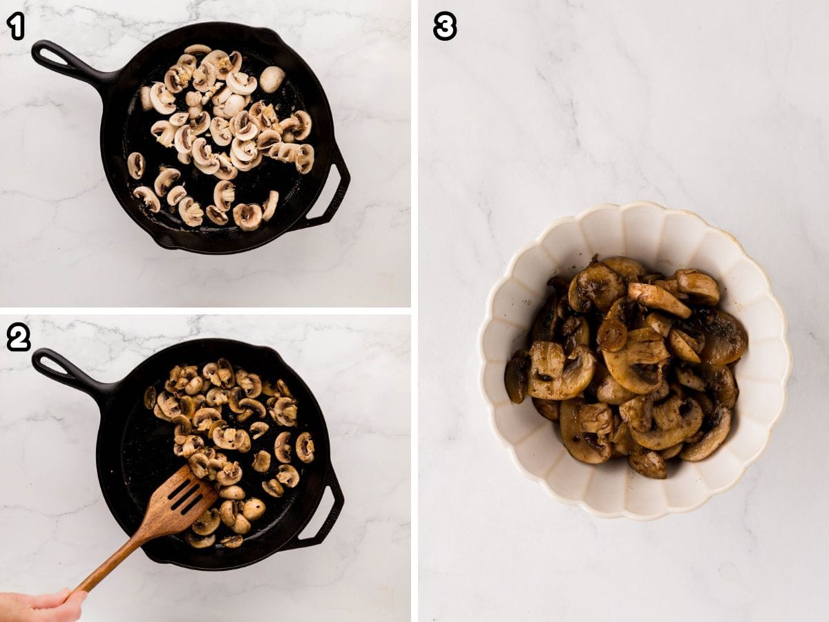 A collage image showing sautéed mushrooms in a cast-iron skillet, then moved to a bowl.