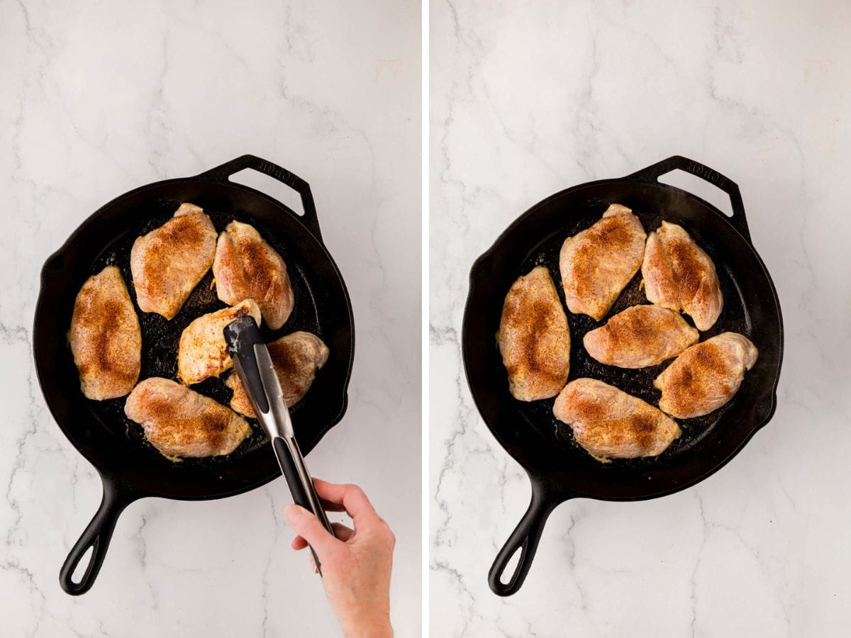Cooking chicken and a cast-iron skillet.