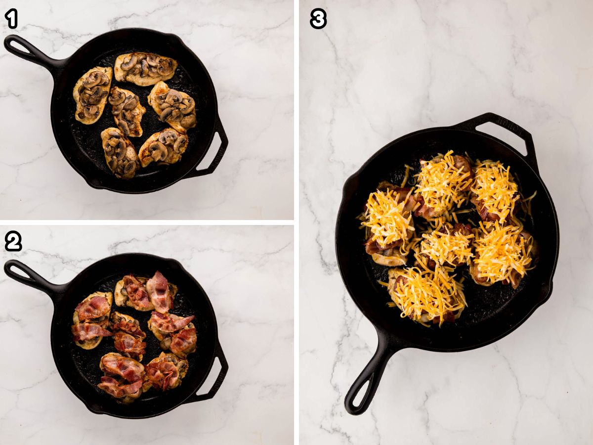 A collage image showing chicken breast being topped with mushrooms, bacon, and cheese.