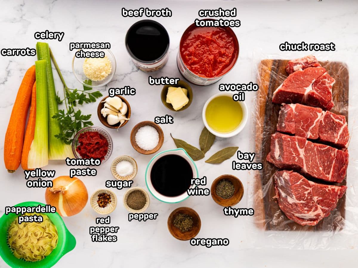 A labeled image of ingredients needed to make beef ragu.