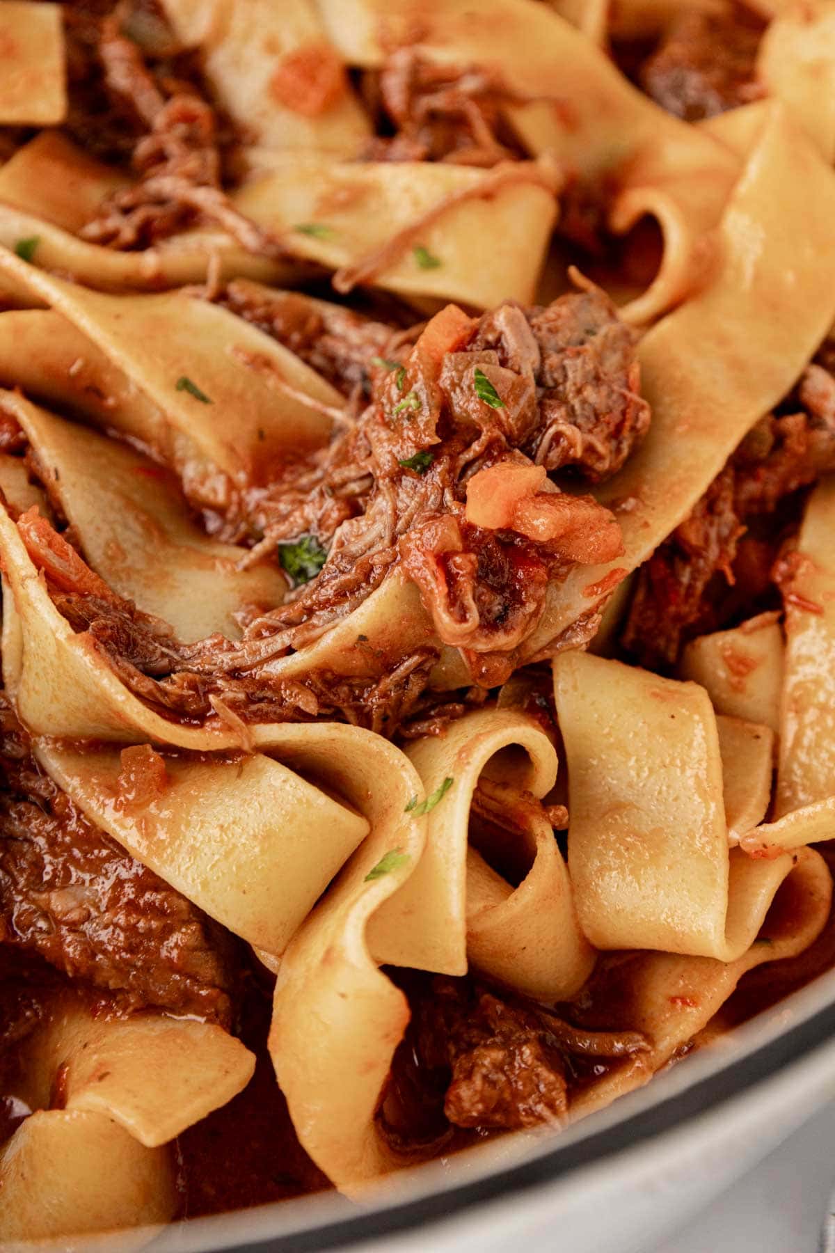 An up-close image of pasta with beef ragu.