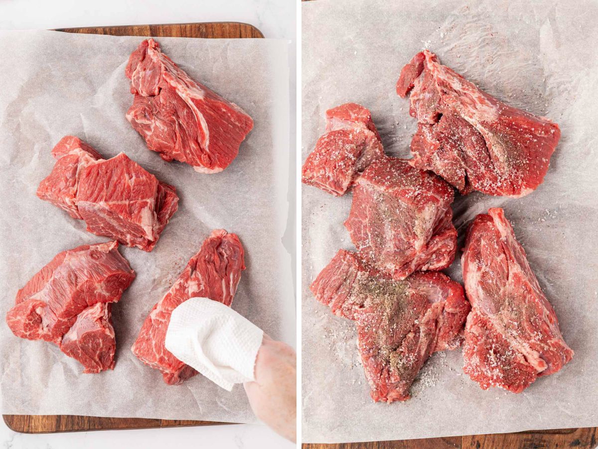 Patting dry, and seasoning chuck roast.
