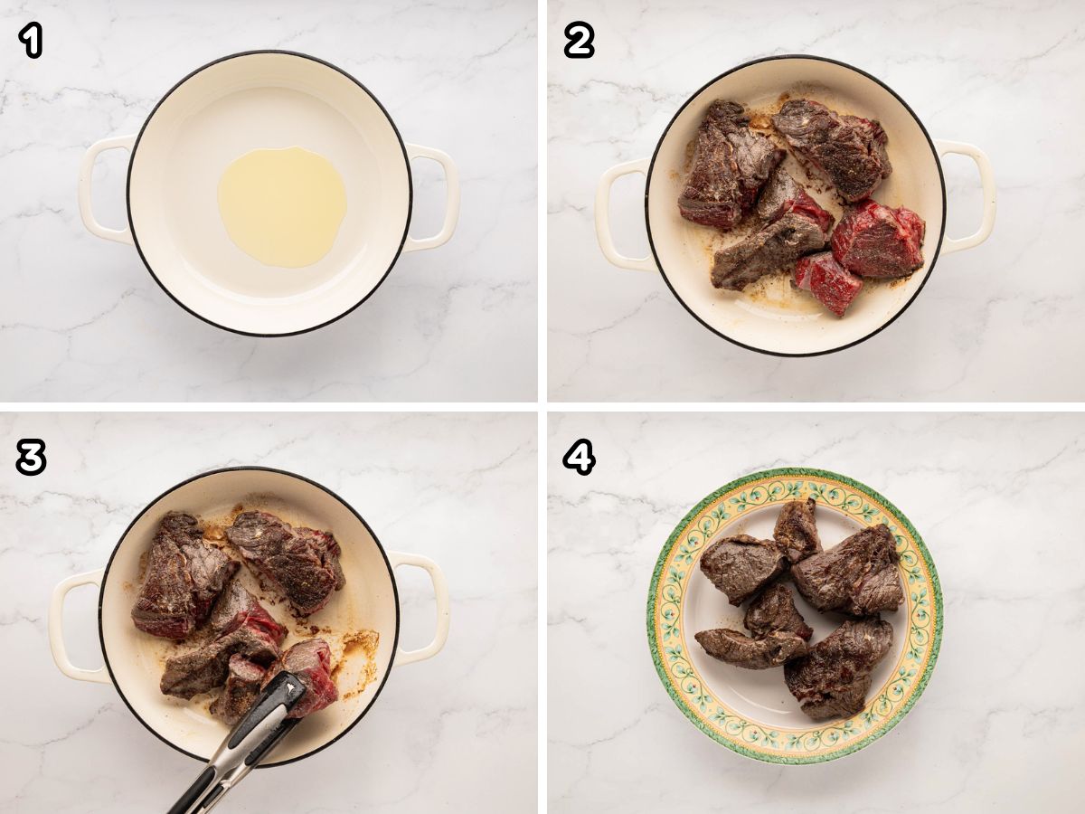 A four image grid showing how to season beef in skillet