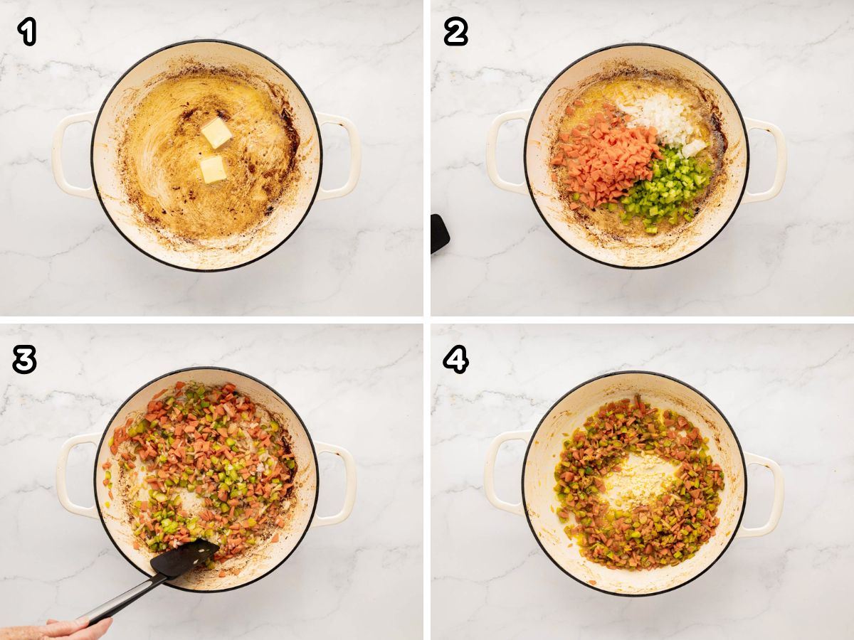 A four image grid showing steps to make Sofrito.