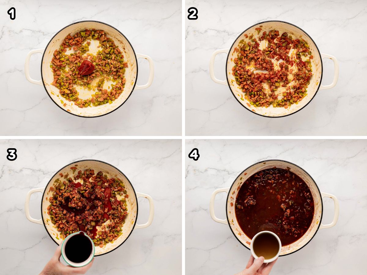 A four image grid showing adding broth and wine to Sofrito.