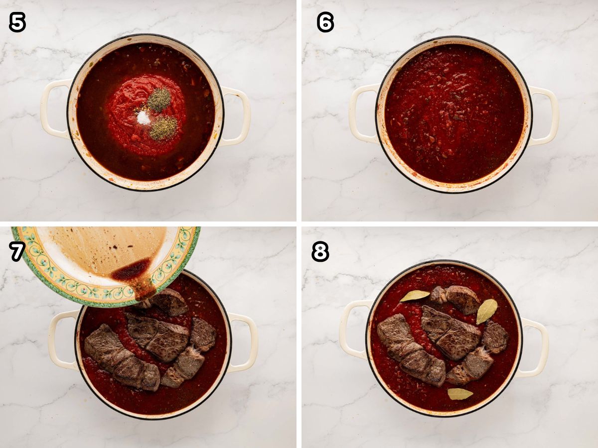 A four image grid showing adding tomatoes and spices and returning roast back to skillet.