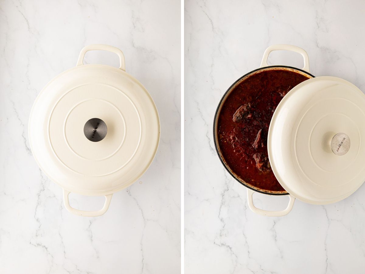 A side by side image of dutch oven with lid and cooked 