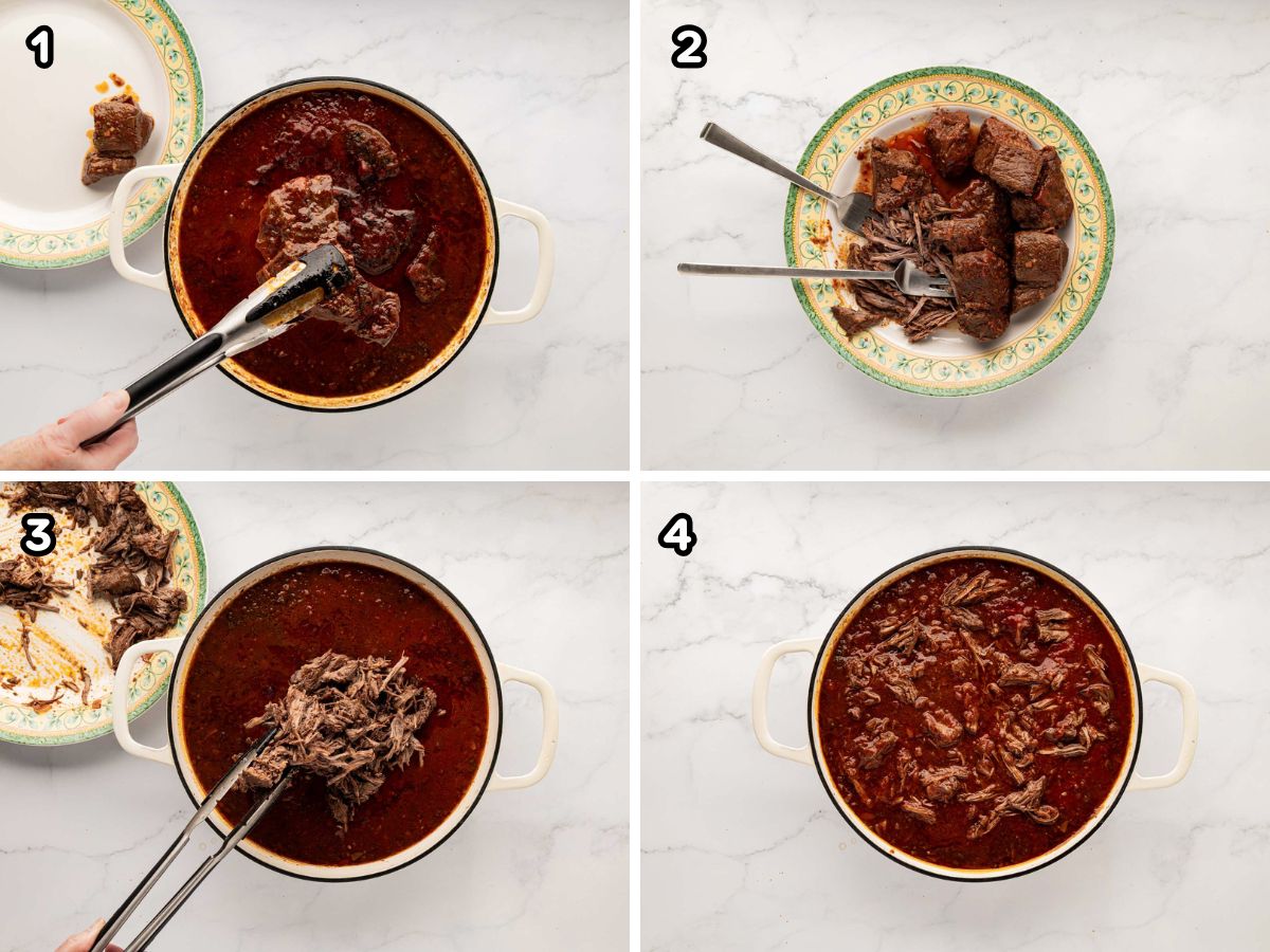 A four image grid of removing beef and shredding.