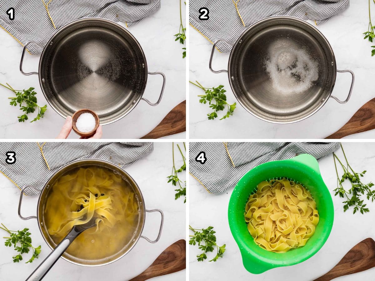 A four image grid showing how to cook pasta.