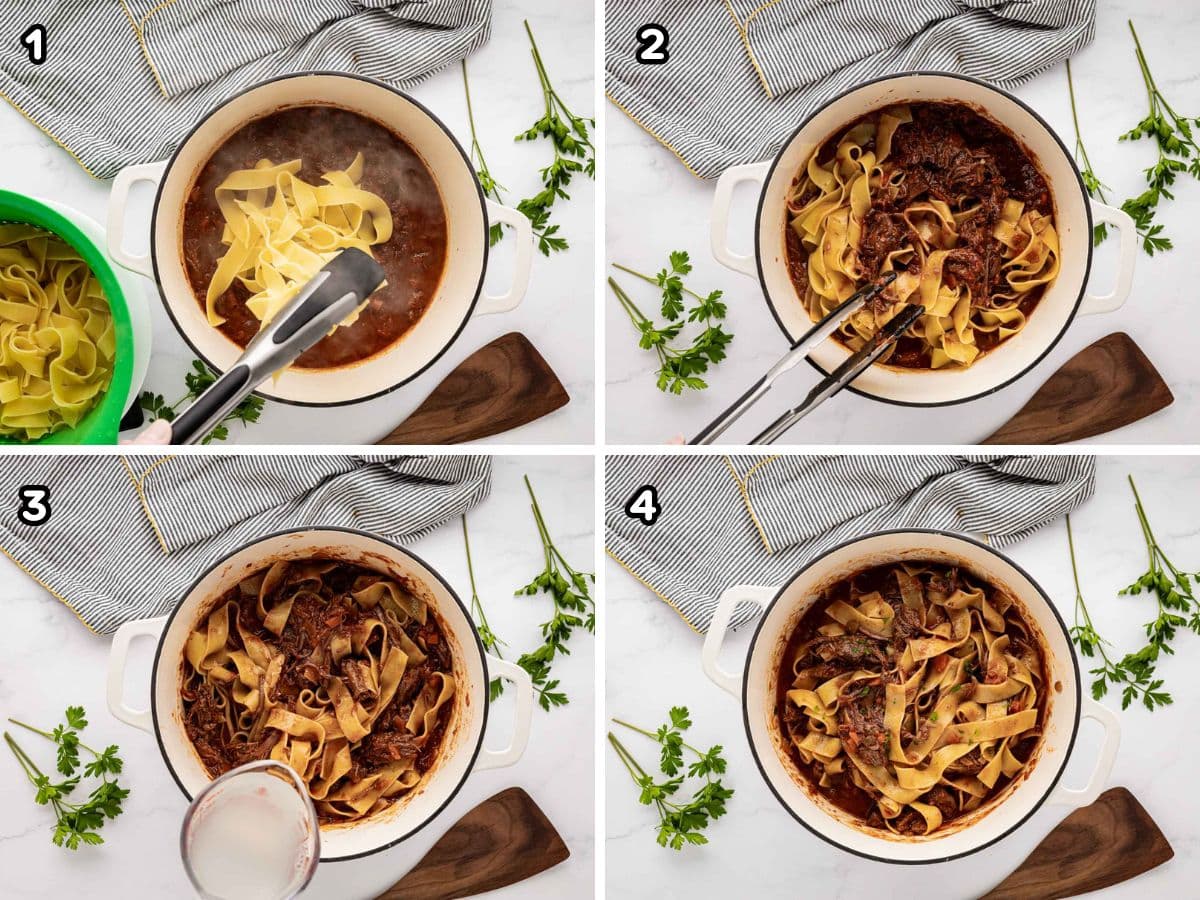 A four image grid of adding pasta to beef ragu and tossing to combine.