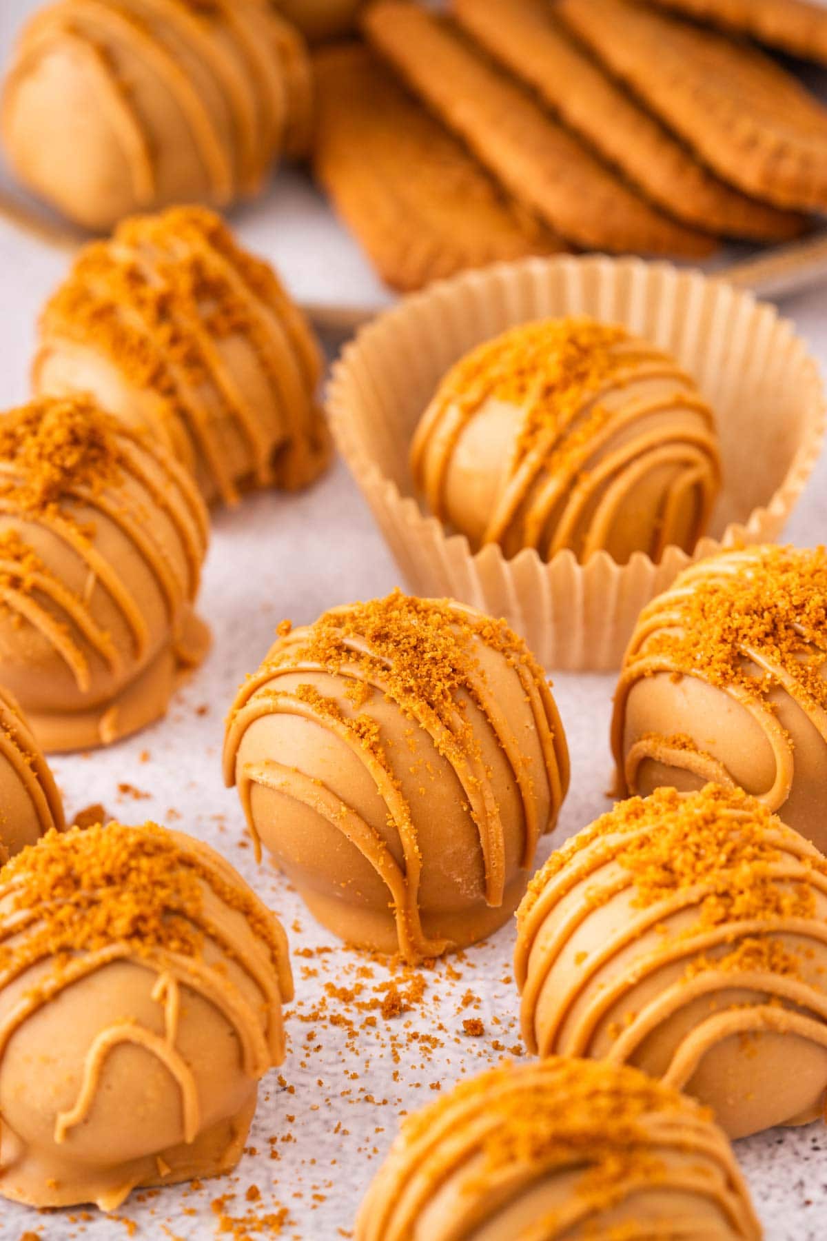Biscoff truffles with cookie butter coating topped with Biscoff cookie crumbles.