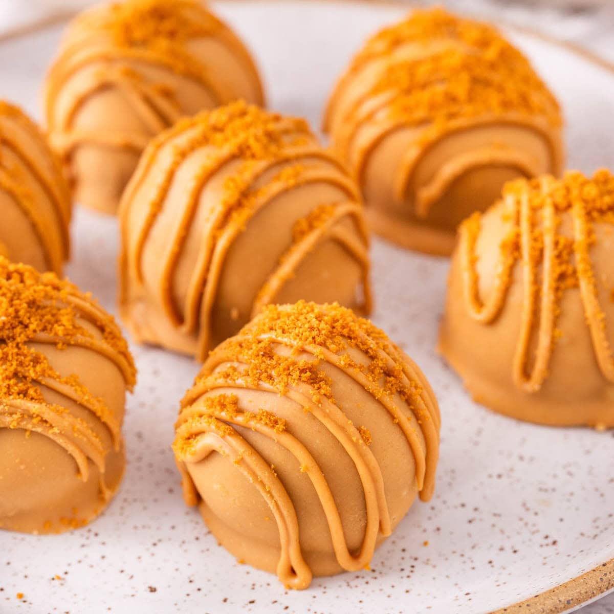 Biscoff truffles with cookie butter coating on a plate.