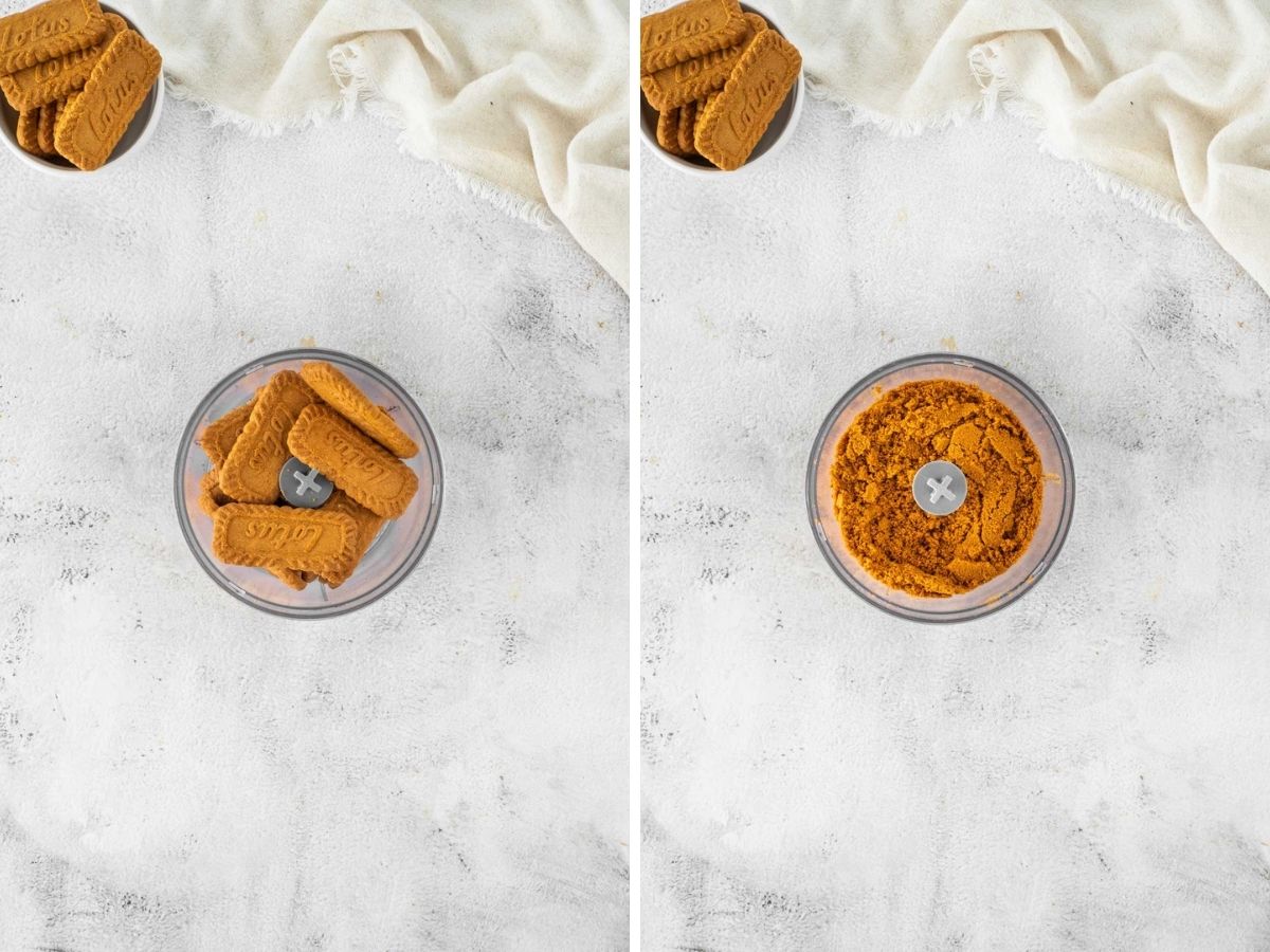 Side by side photos of crushing the Biscoff cookies in a food processor.