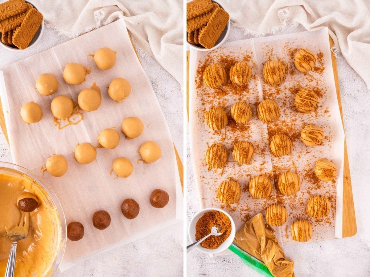 Side by side photos of dipping the cookie butter truffles in a cookie butter coating and garnishing with crushed cookies.