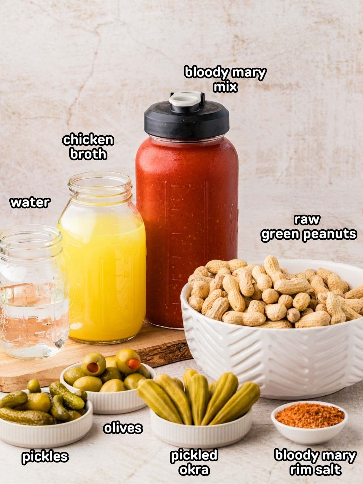 A labeled image of ingredients needed to make bloody mary boiled peanuts.