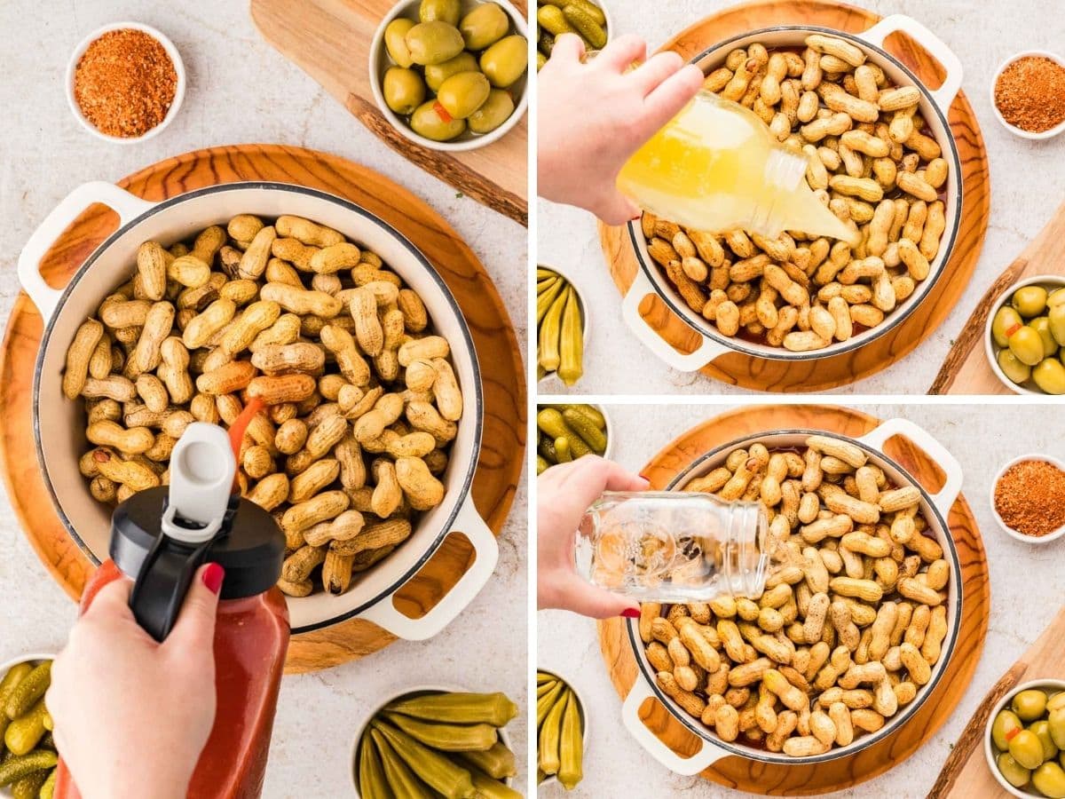 A collage image of adding bloody mary mix, broth and water it boiled peanuts in a white dutch oven.