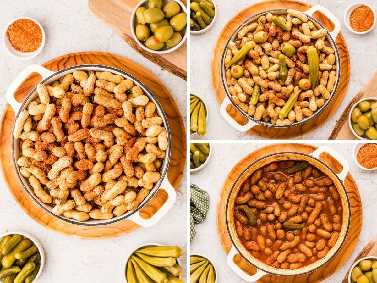 A collage image of adding seasoning and pickles, olives and okra to the blood mary boiled peanut mixture.