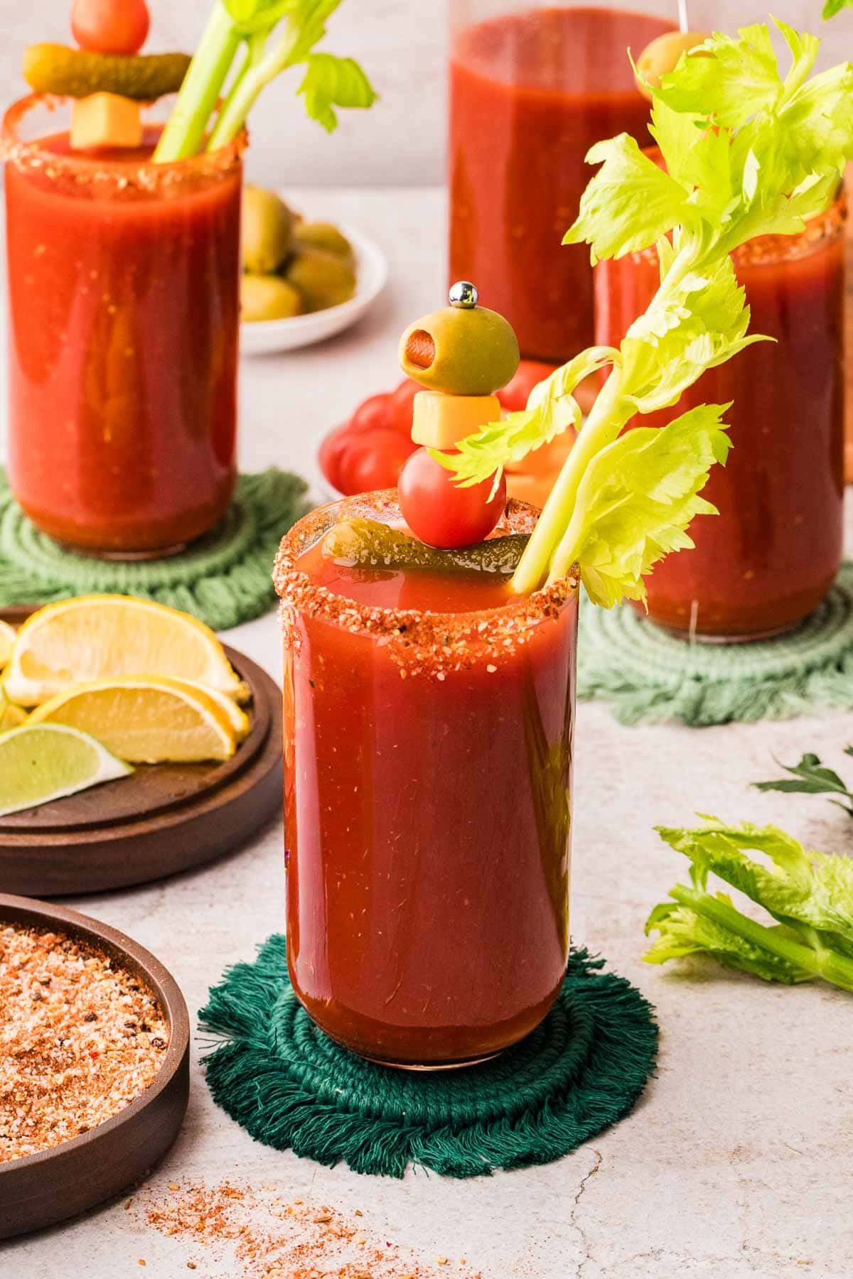 Bloody Mary with the glass rimmed with my homemade salt rim mix and a rim salt in a 
