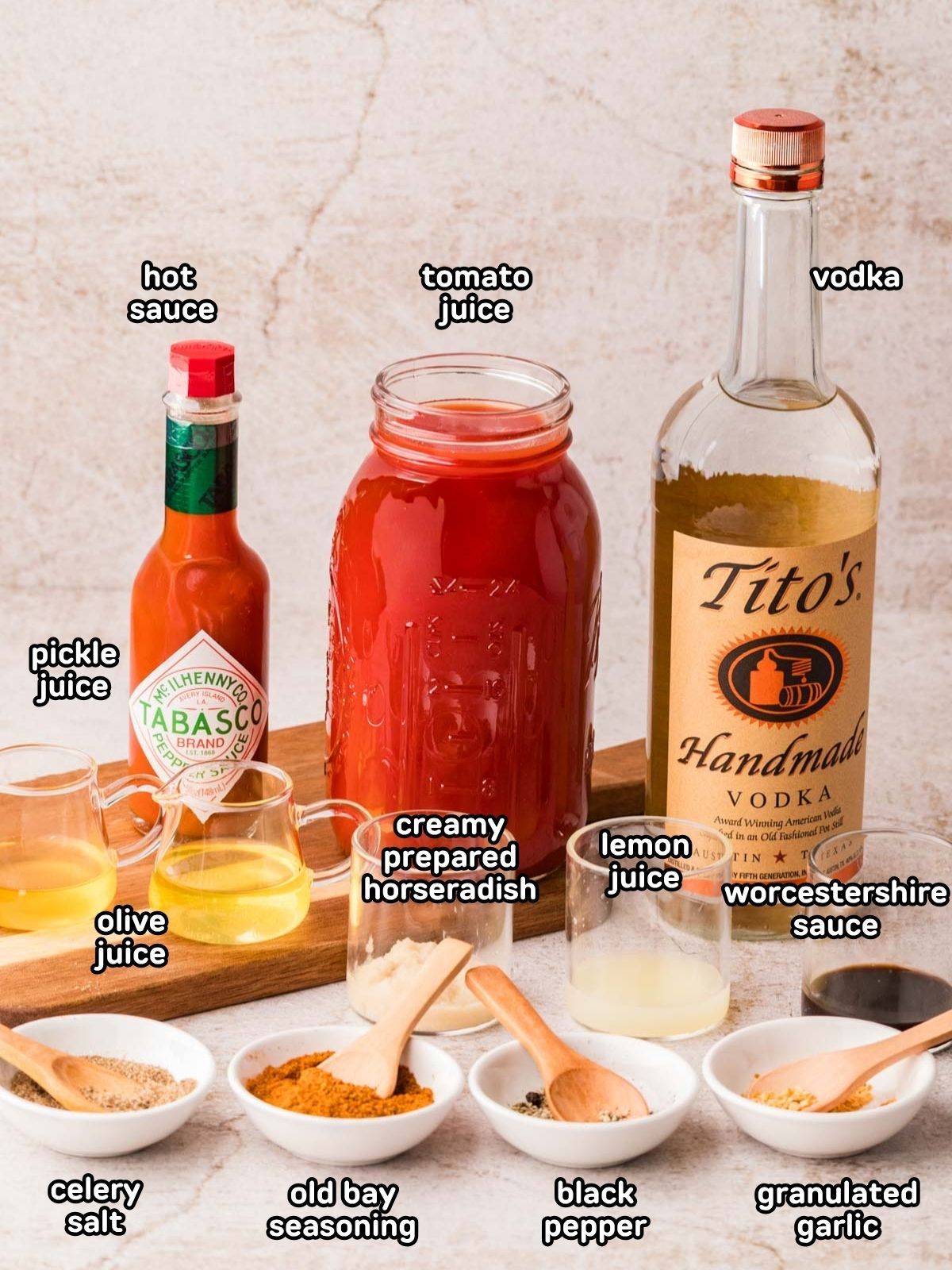A labeled image of ingredients needed to make homemade bloody mary mix.