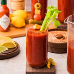 A bloody mary in a glass.