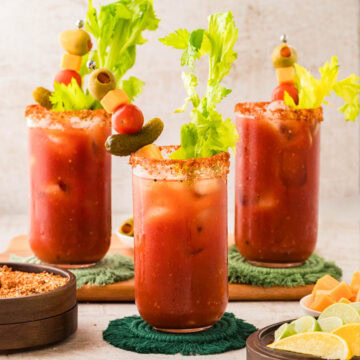 Homemade Bloody Marys with garnishes.
