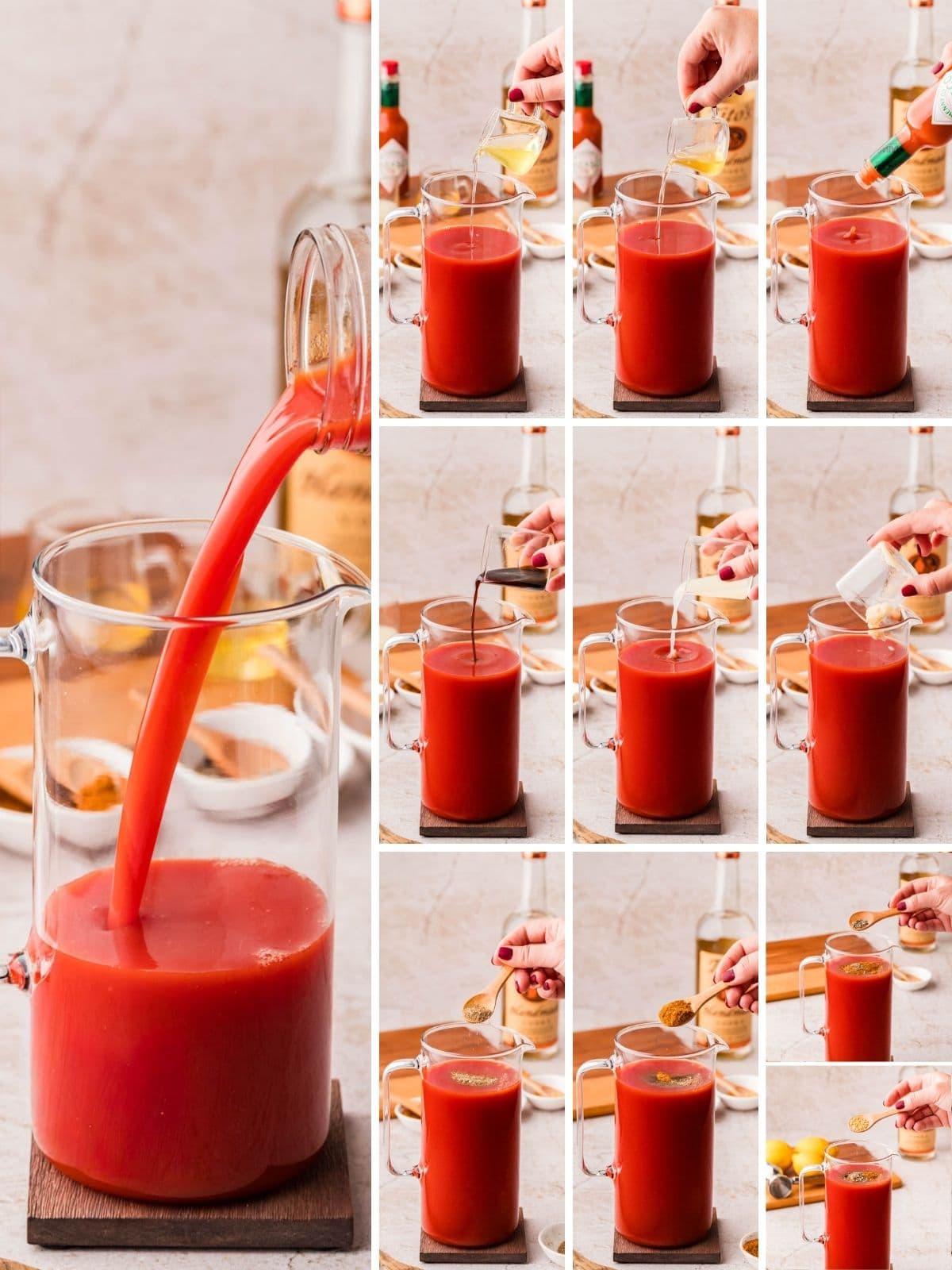 Collage image displaying adding bloody mary ngredients to a glass pitcher