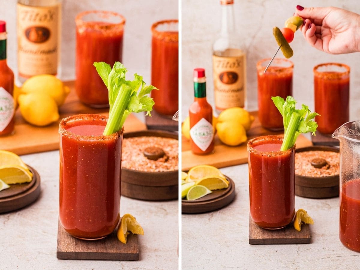 Adding celery stalk and skewer to the bloody mary.